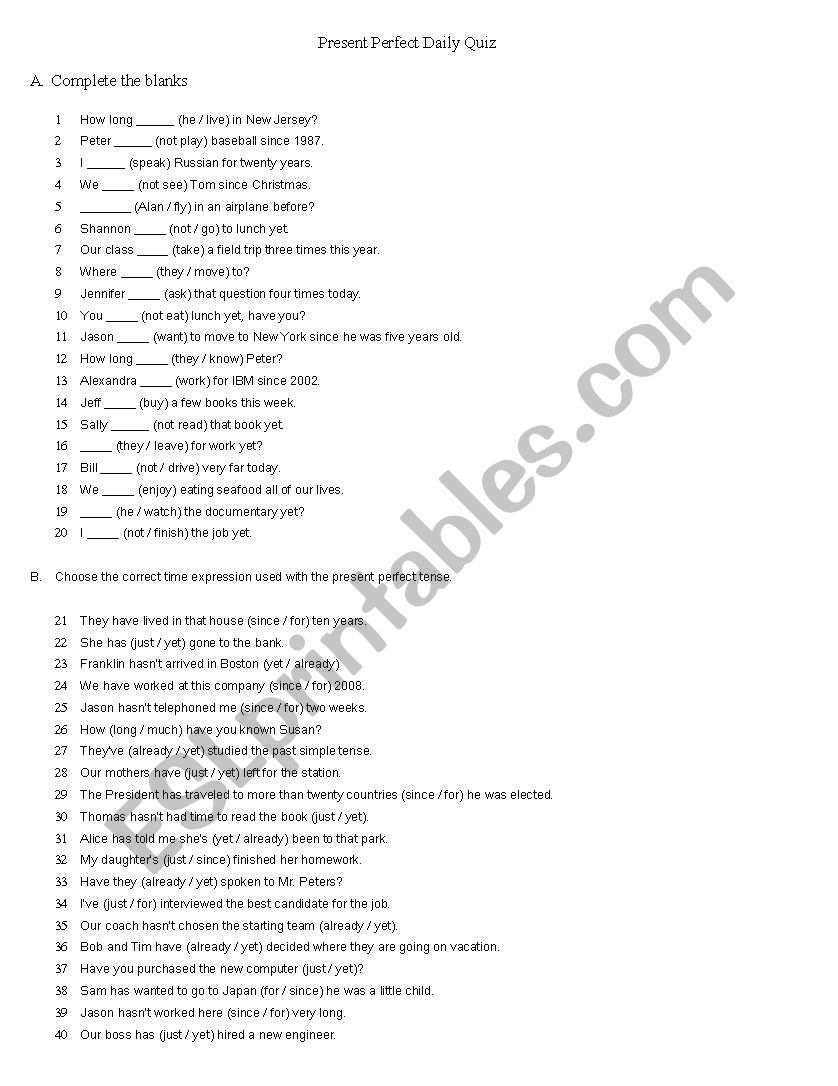 present perfect worksheet