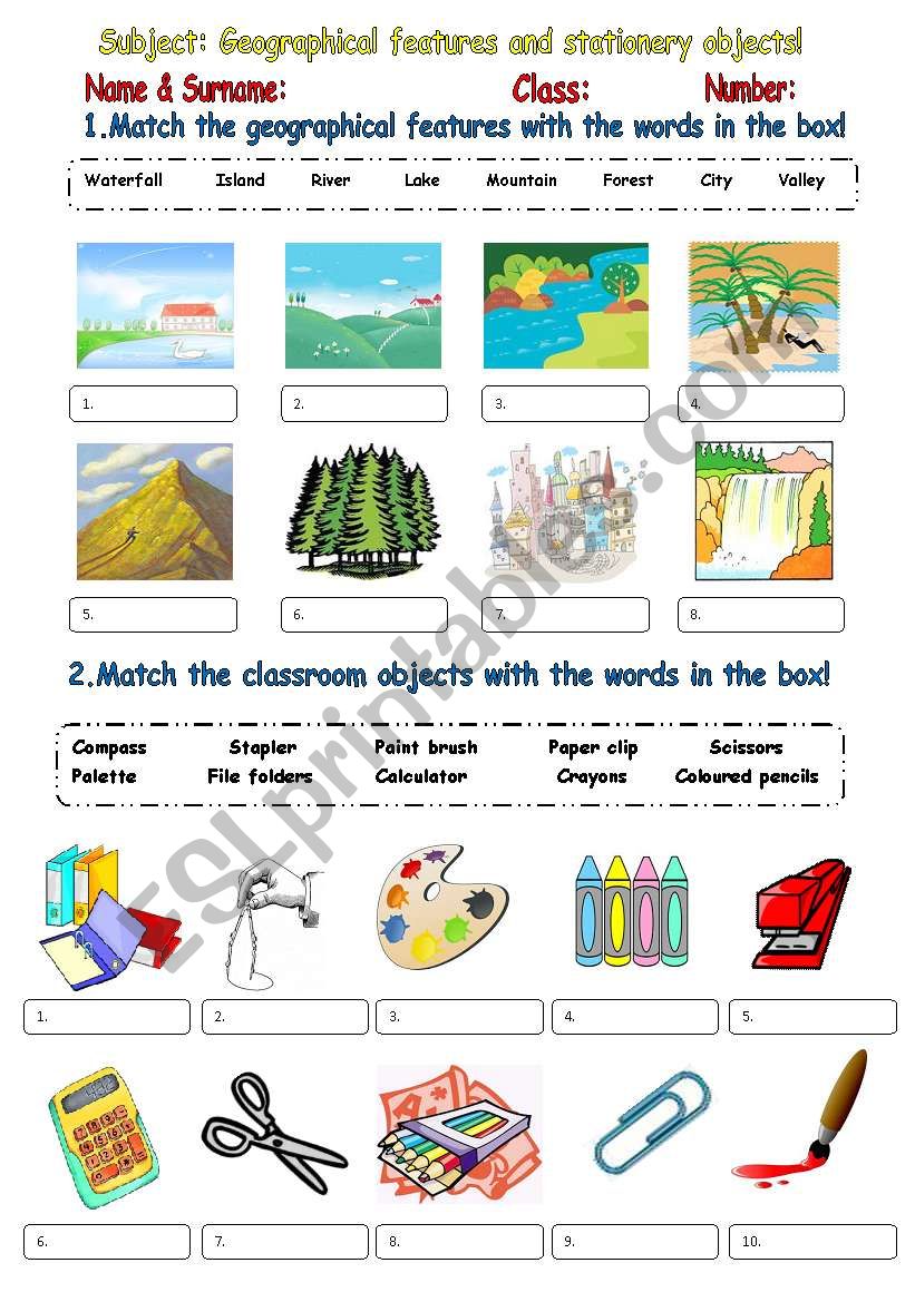 Geographical features and stationery objects