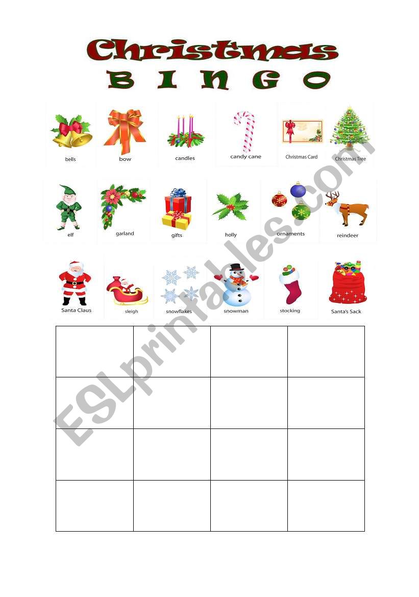 Christmas bingo game worksheet