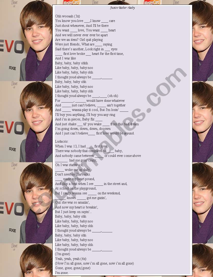 Justin Bieber -Baby worksheet