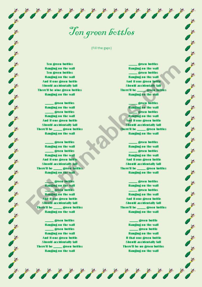 Ten green bottles worksheet