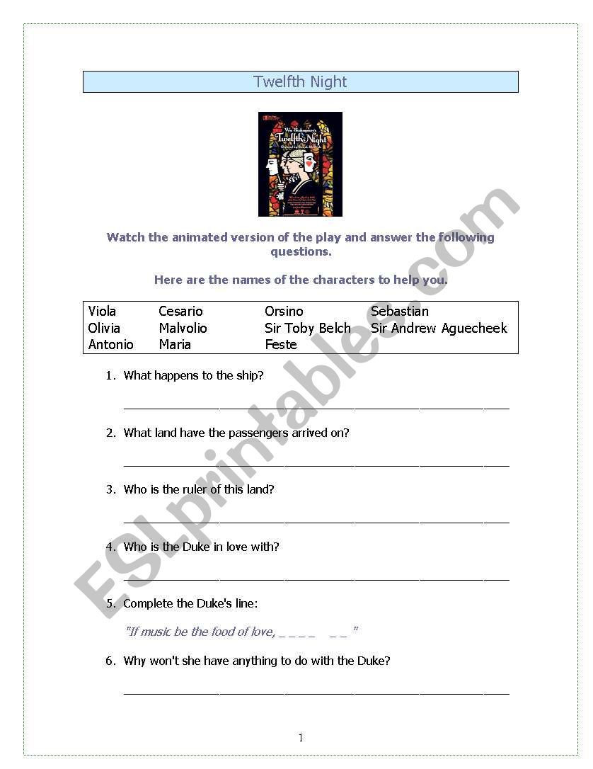 Twelfth Night worksheet