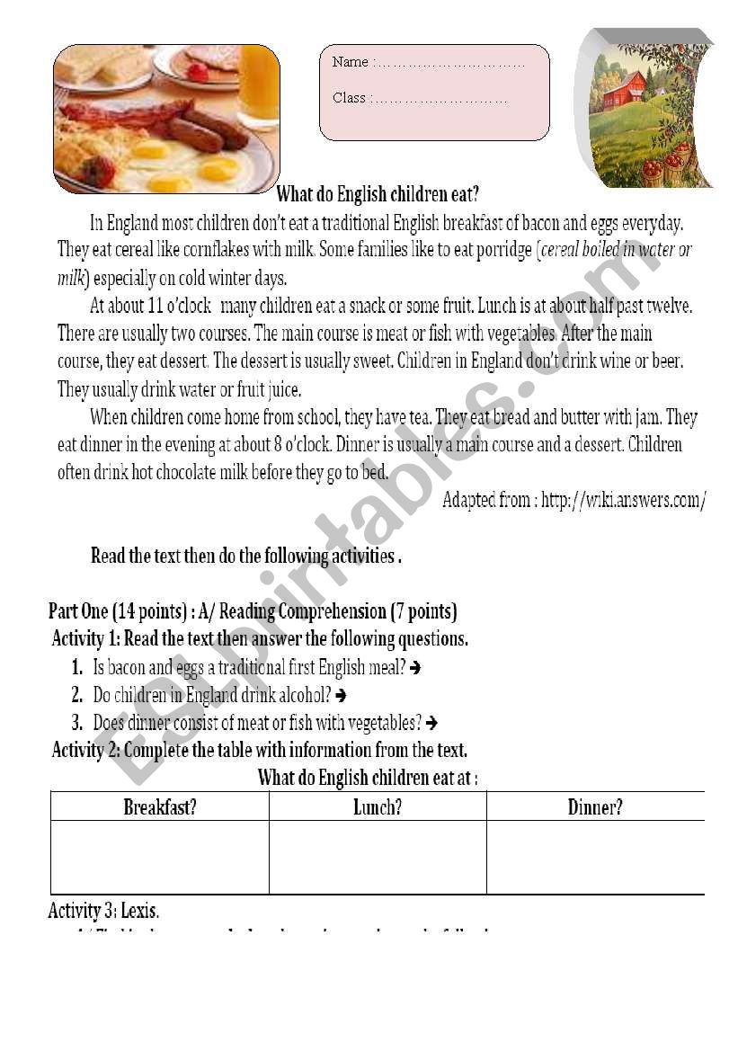 test about food worksheet