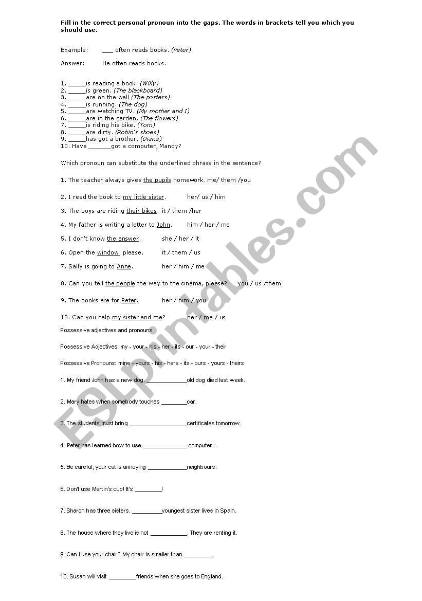 Revision of pronouns worksheet