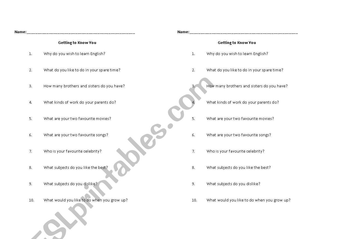 Getting to Know You worksheet