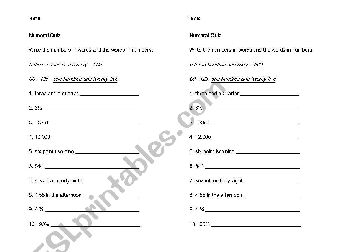 Exrpess Quiz on Numerals worksheet