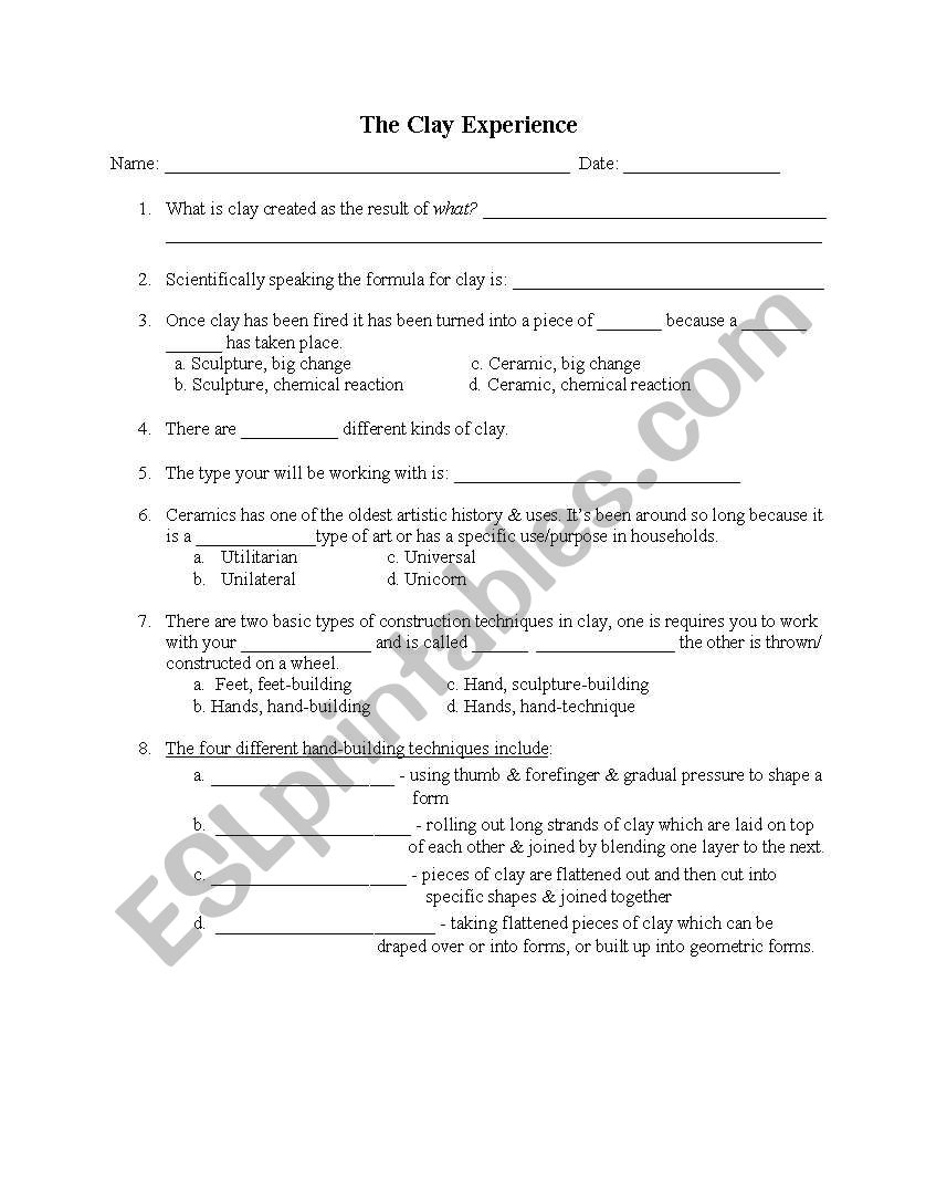 Clay information worksheet