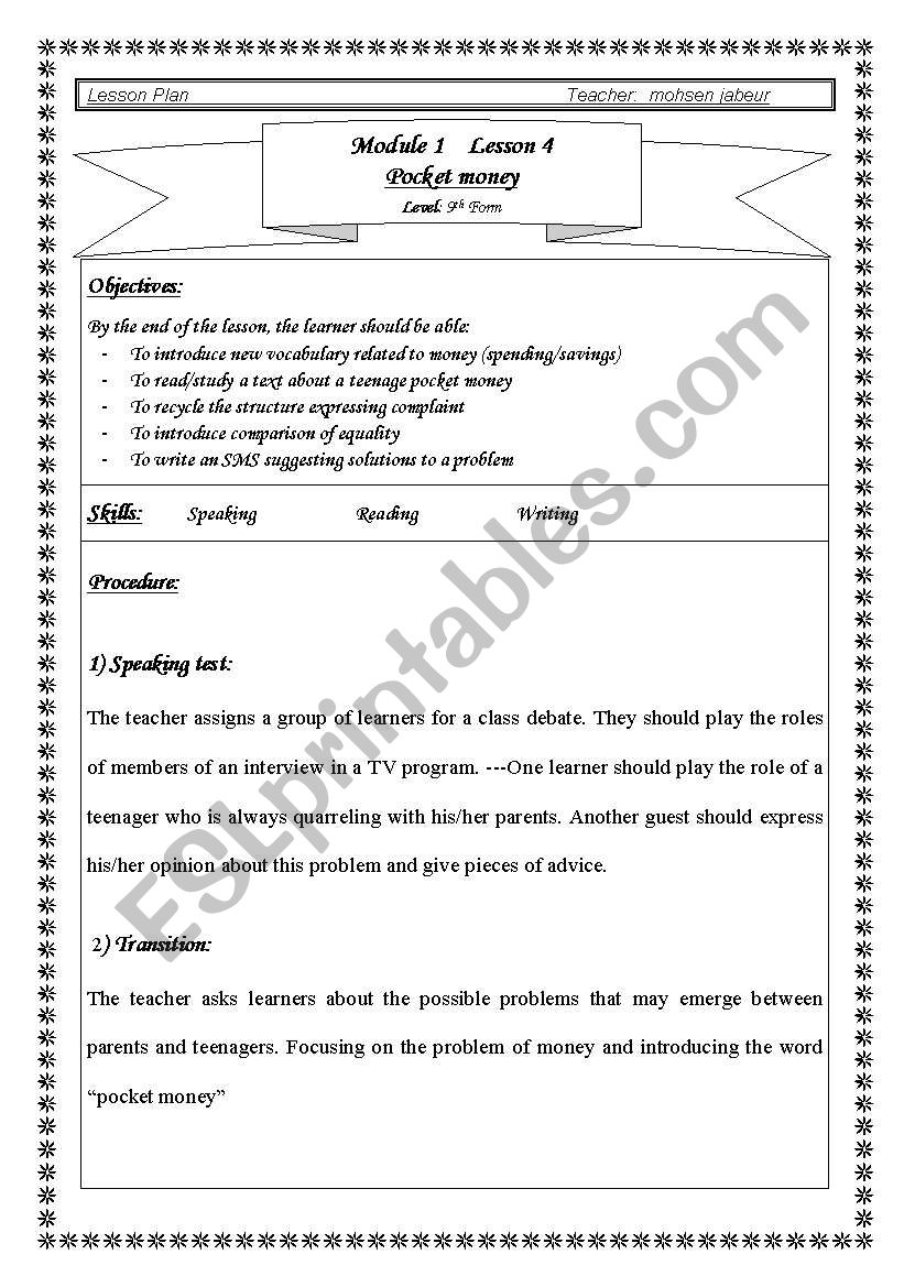 pocket money worksheet