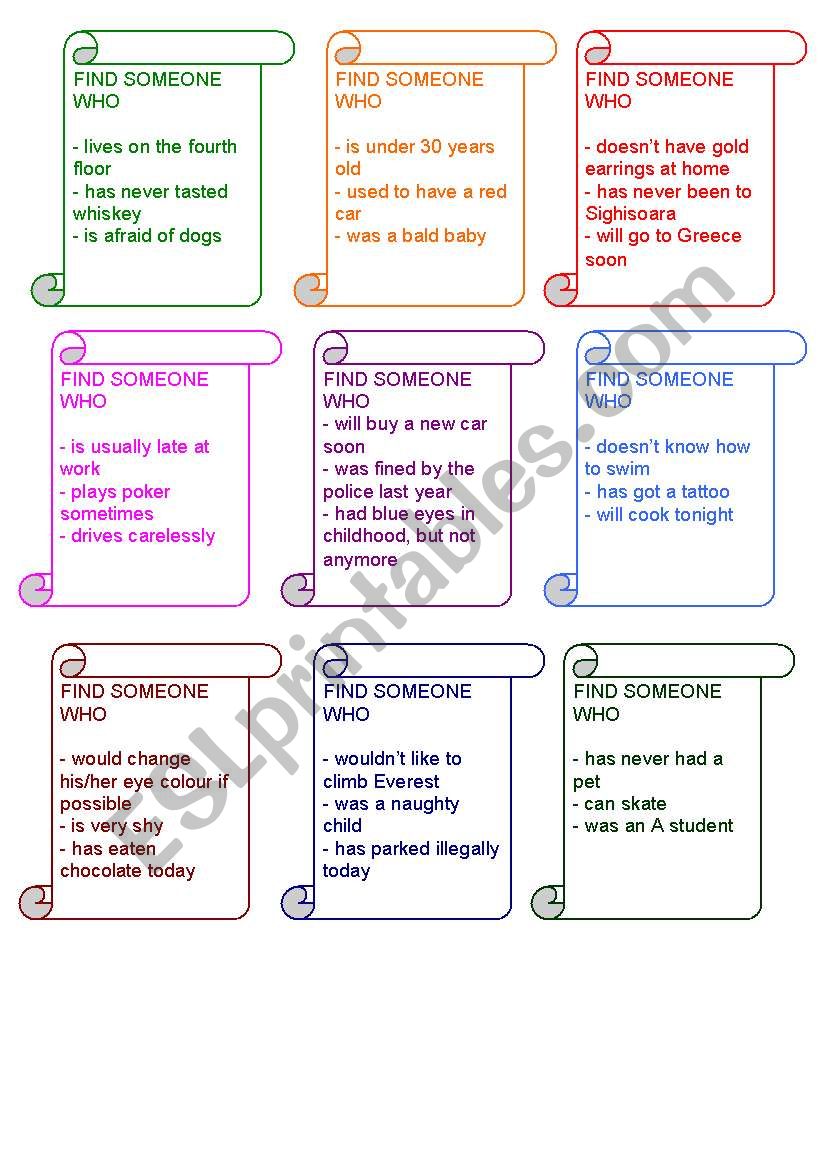 find someone who - past simple, present simple, present perfect, future simple