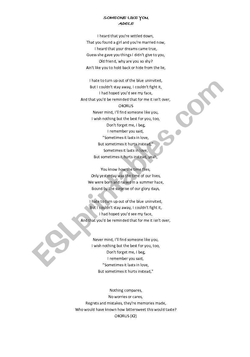 Someone like you lyrics worksheet