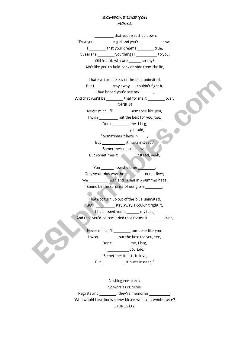 English Worksheets Someone Like You Lyrics