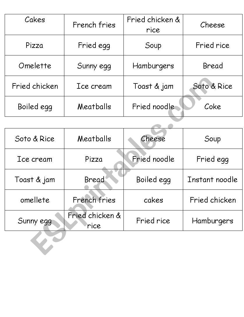 bingo worksheet