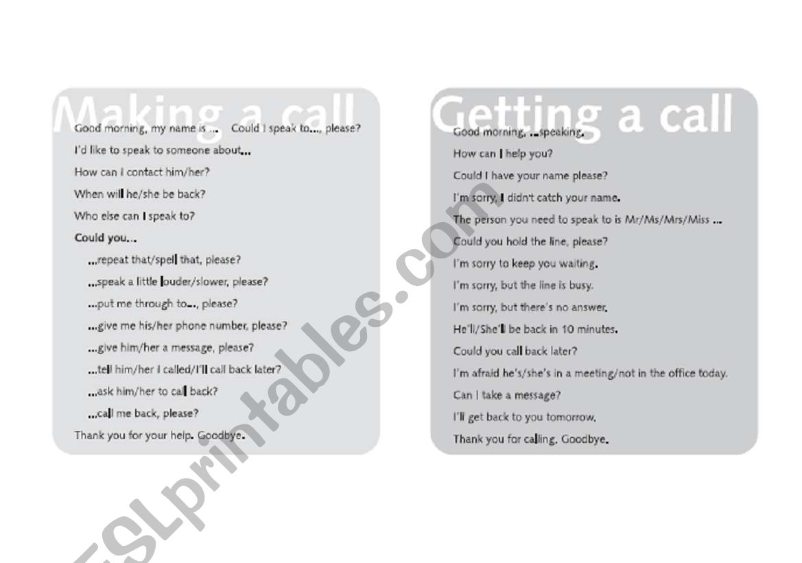 MAKING AND GETTING CALLS worksheet