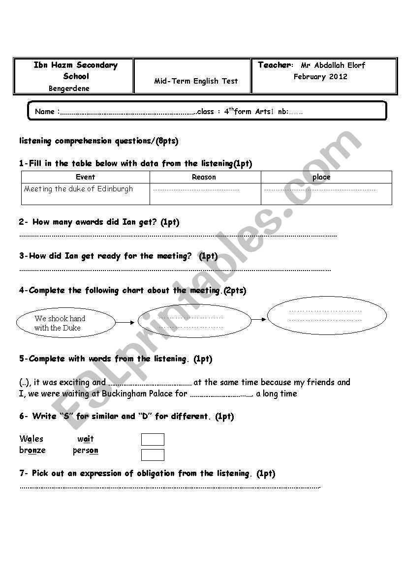 Mid-term Test 4th form Arts(Feb 2012)