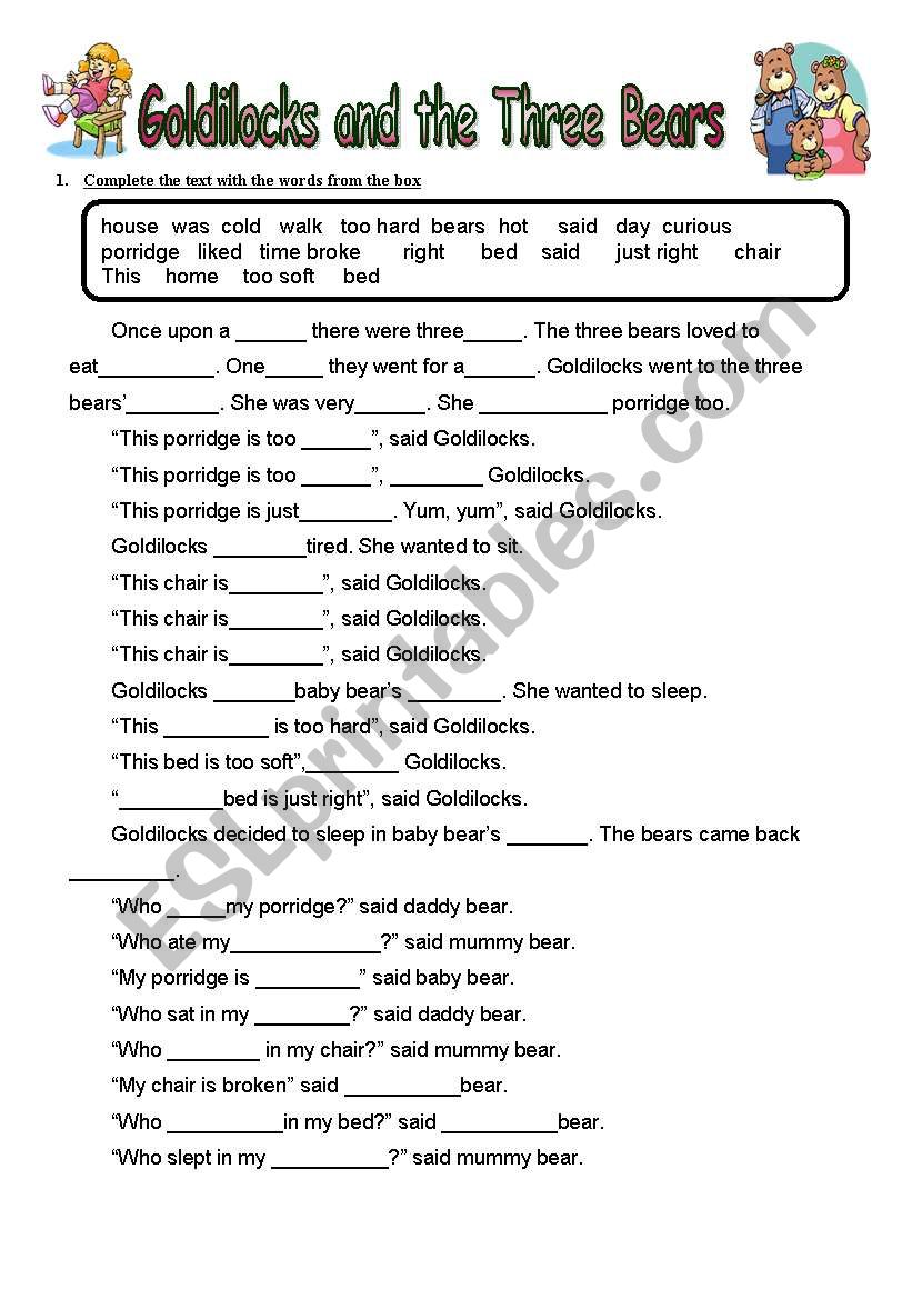 GOLDILOCKS worksheet