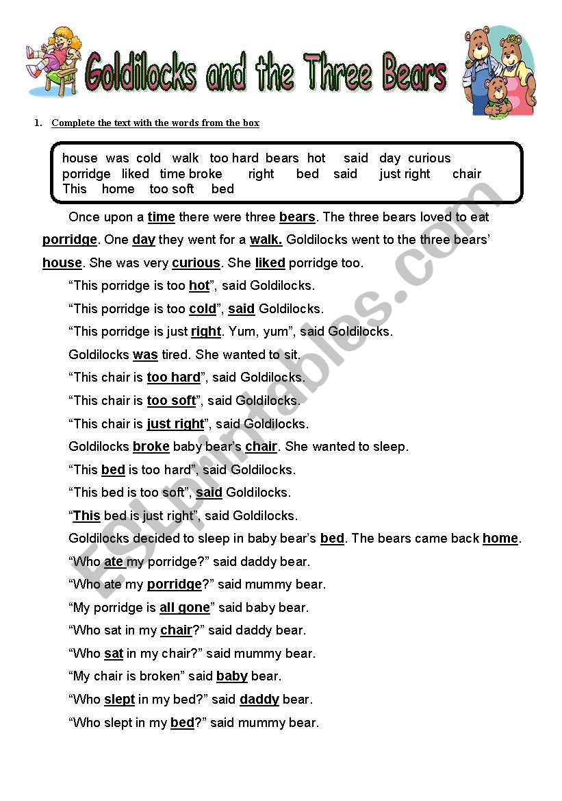 GOLDILOCKS -CORRECTION worksheet