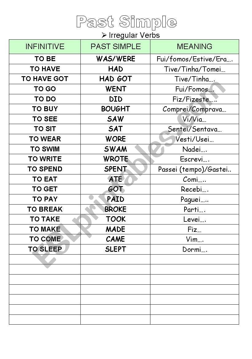 IRREGULAR VERBS (6 GRADE) worksheet