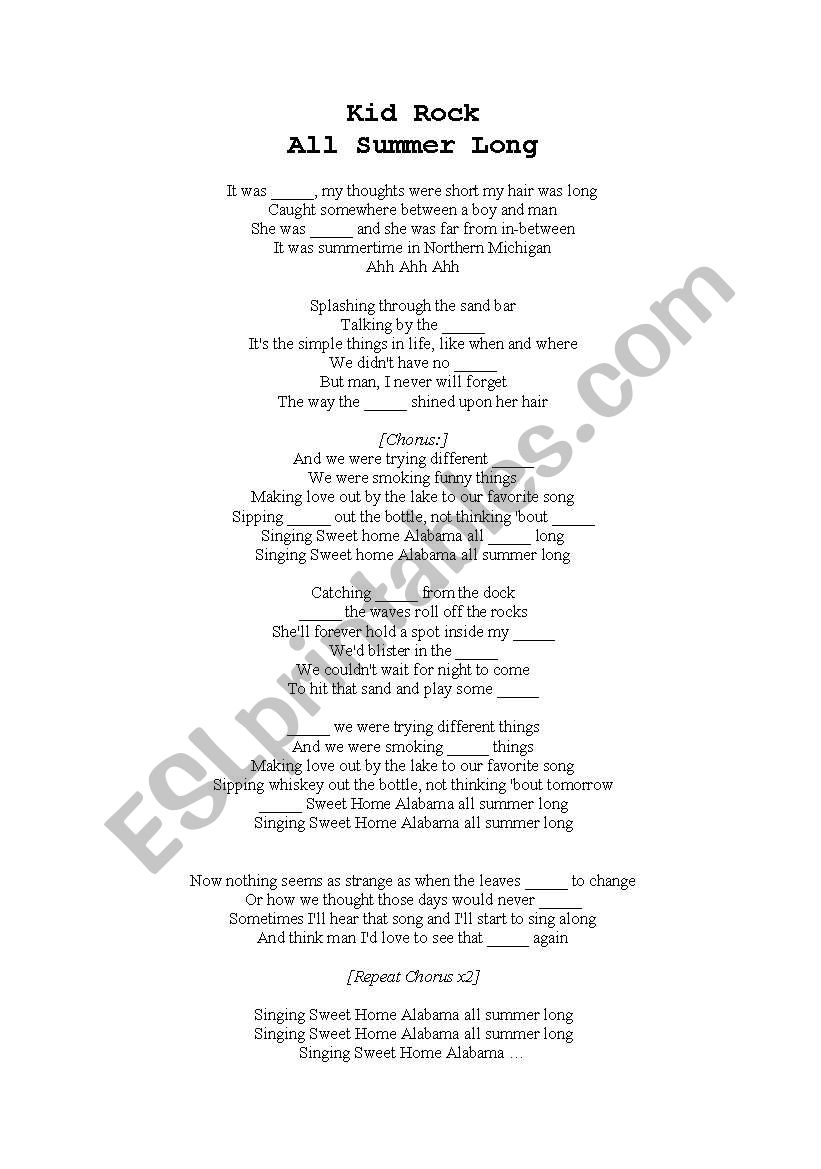Kid Rock - All Summer Long worksheet