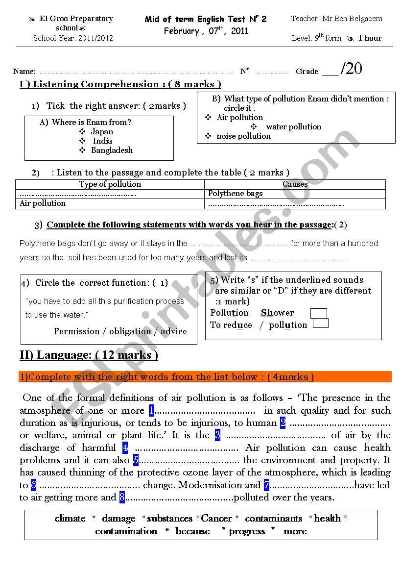 9th for mid of term testn2 worksheet
