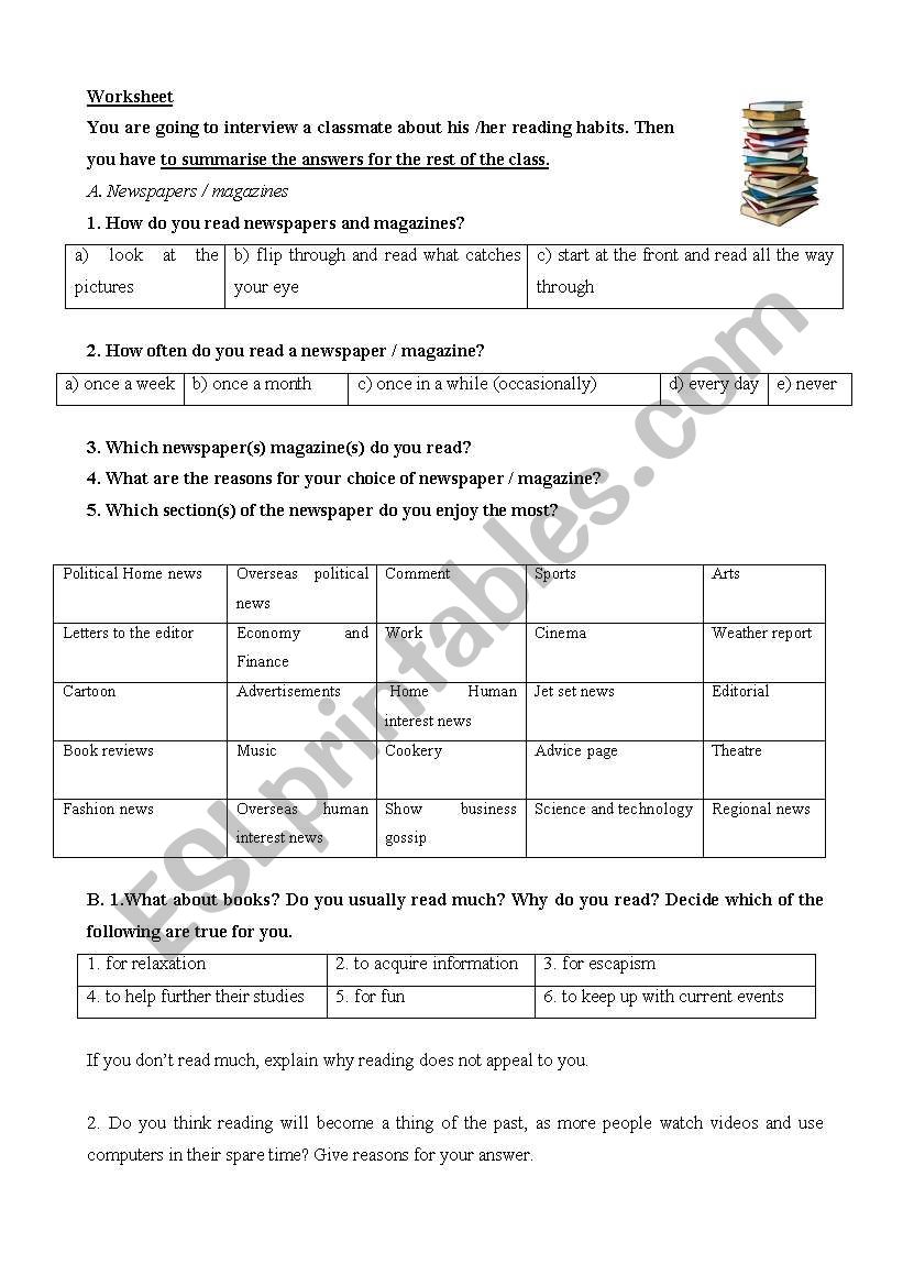 worksheet about reading habits