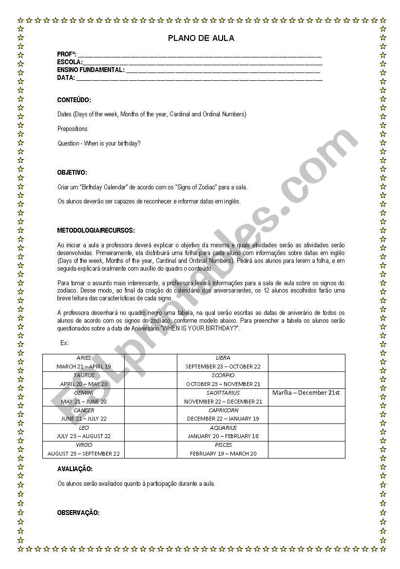 Dates worksheet
