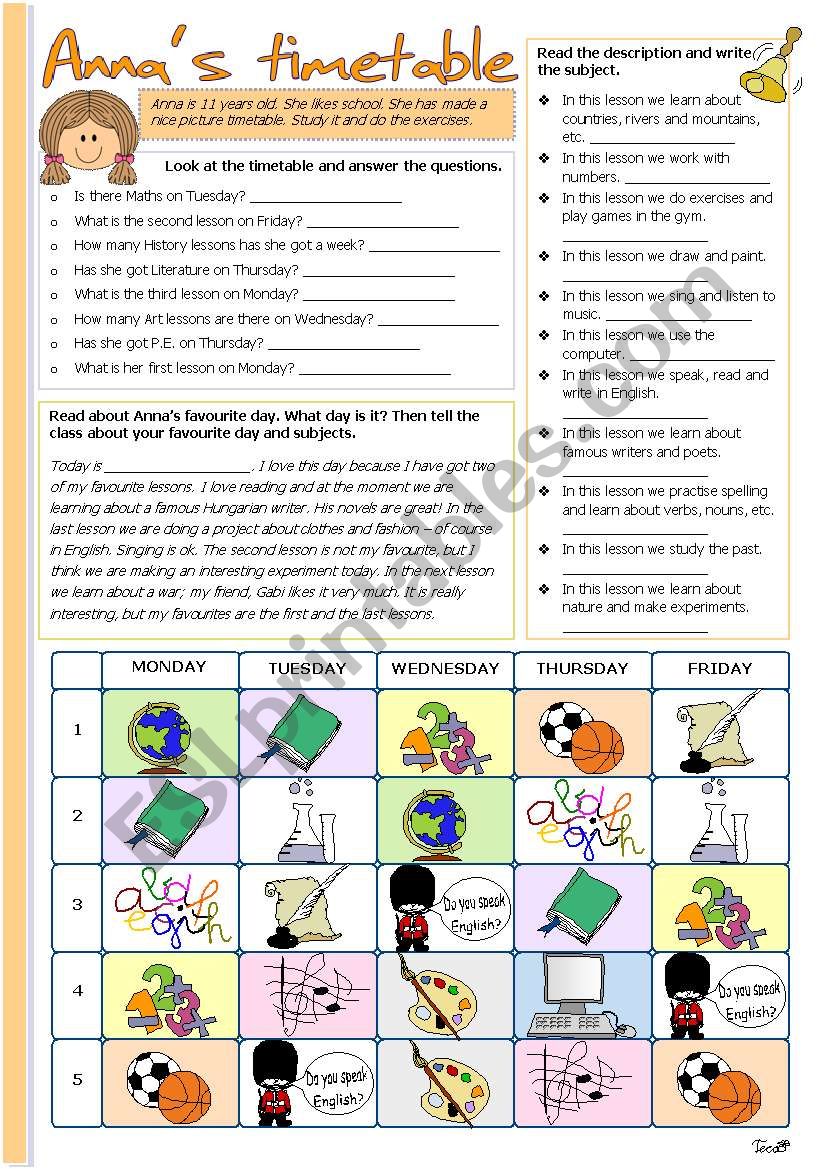 AnnaÂ´s timetable worksheet