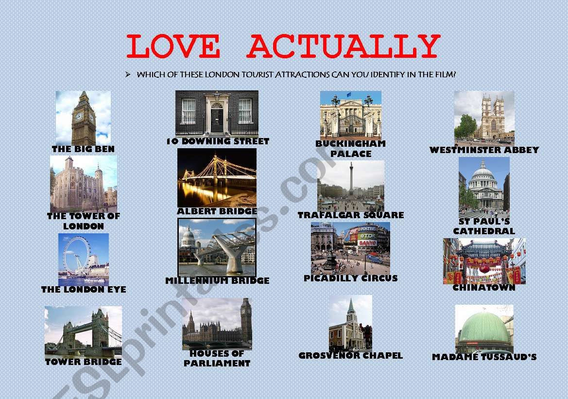 LOVE ACTUALLY LONDON TOURIST ATTRACTIONS. MOVIE WORKSHEET