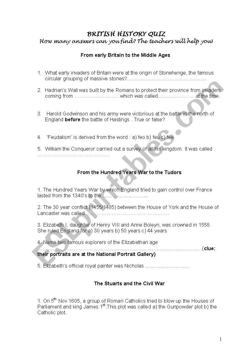 BRITISH HISTORY QUIZ worksheet