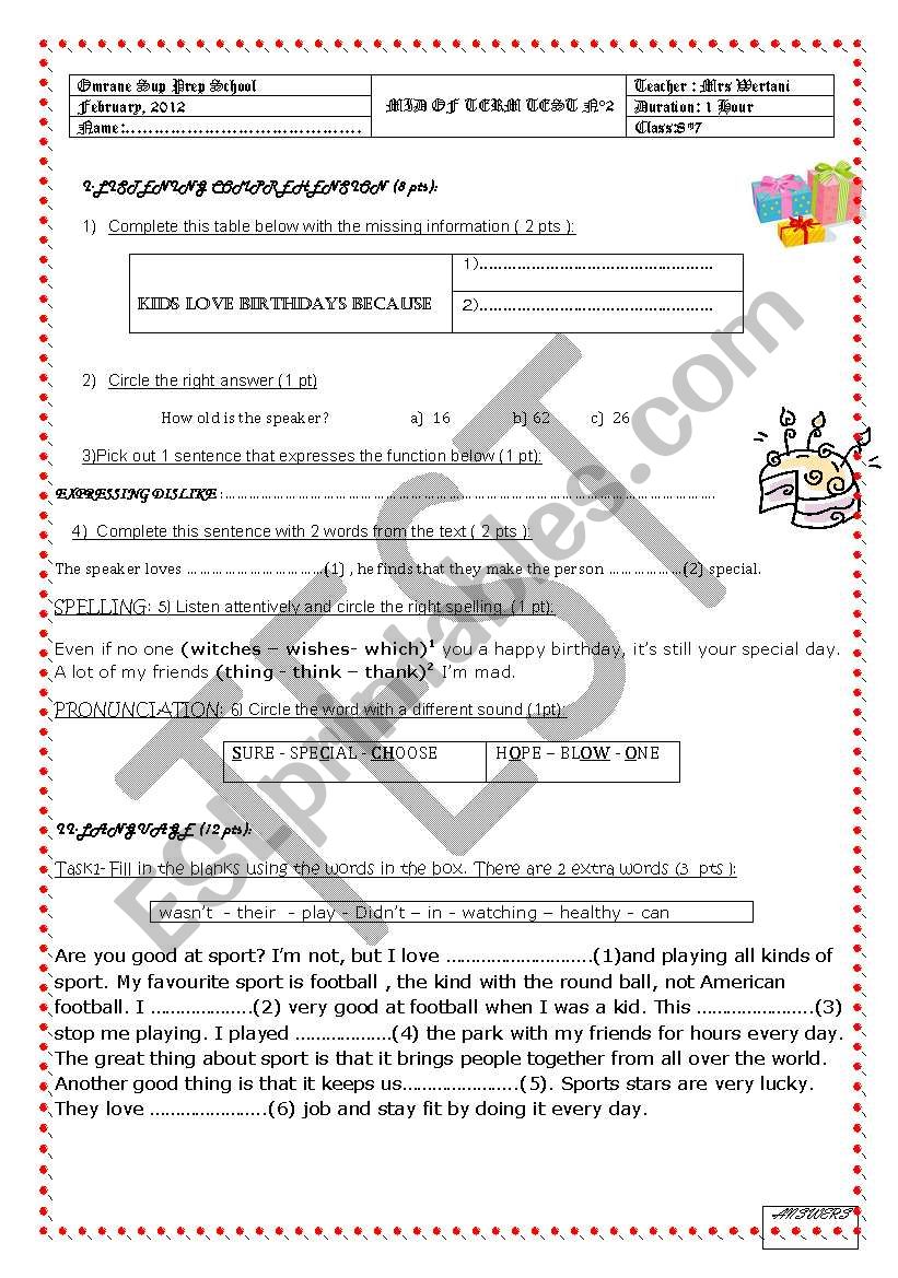 mid of term test for the 8th form