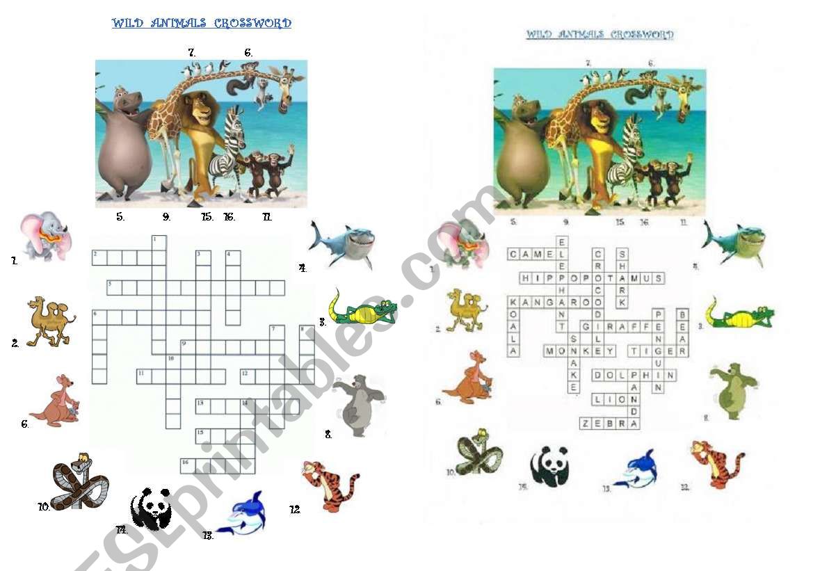 Wild animals crossword with numbers and key