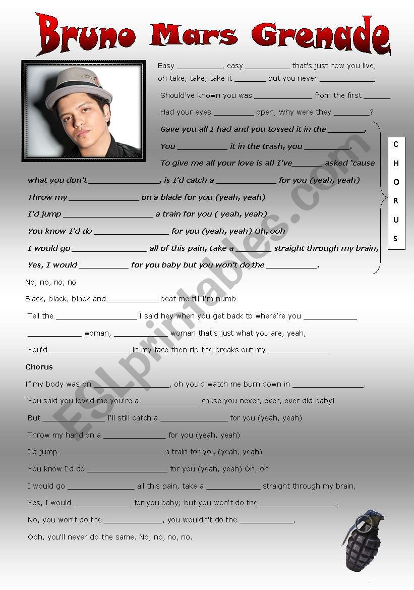 Bruno Mars Grenade worksheet