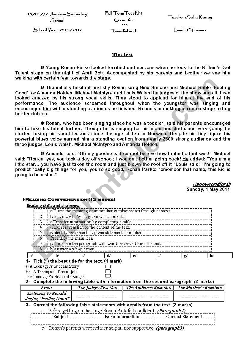 Full-term test correction worksheet