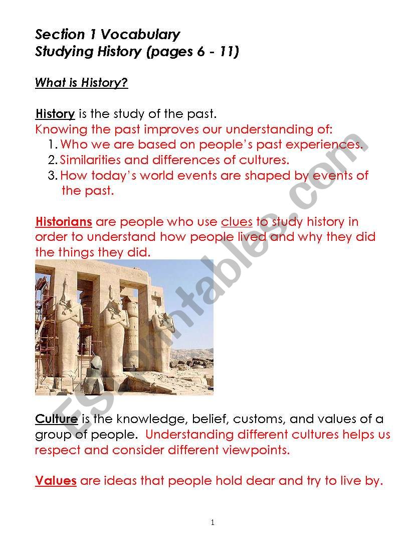 Studying History Vocabulary worksheet
