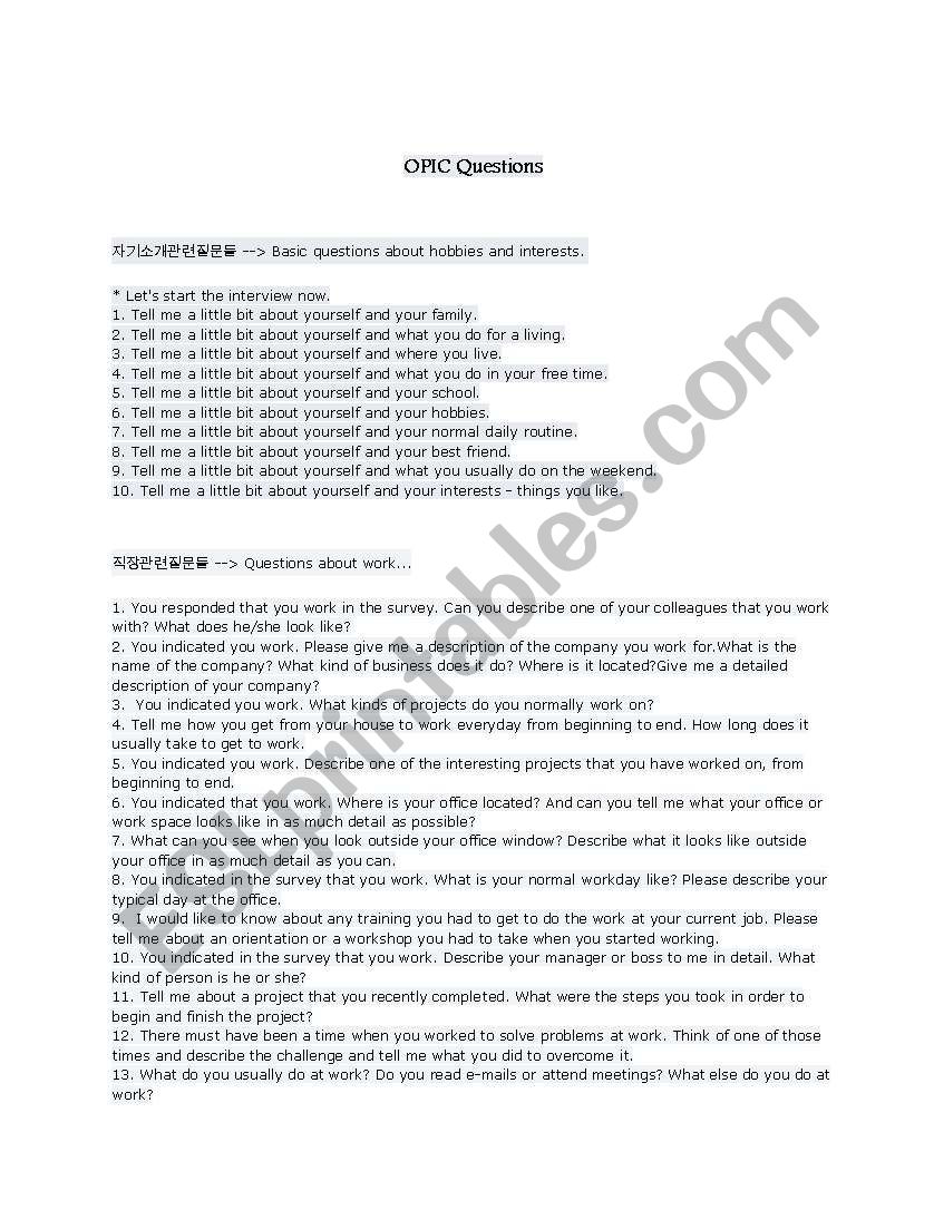 OPIC Sample Questions worksheet