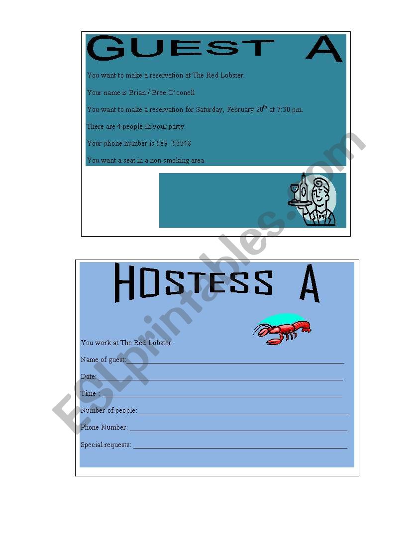 Restaurant Reservation Worksheets