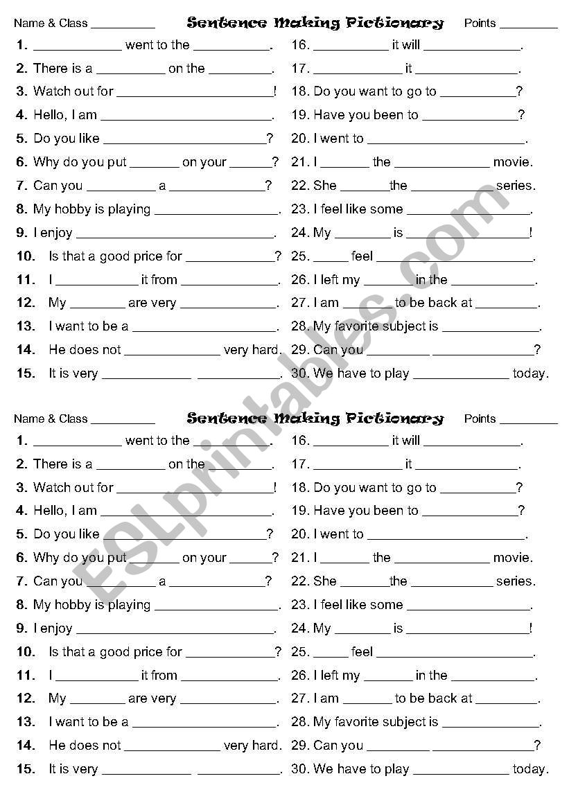 Sentence making Pictionary Worksheet