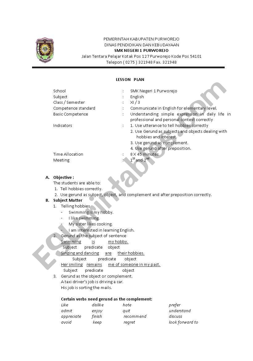 lesson plan for grade XI worksheet