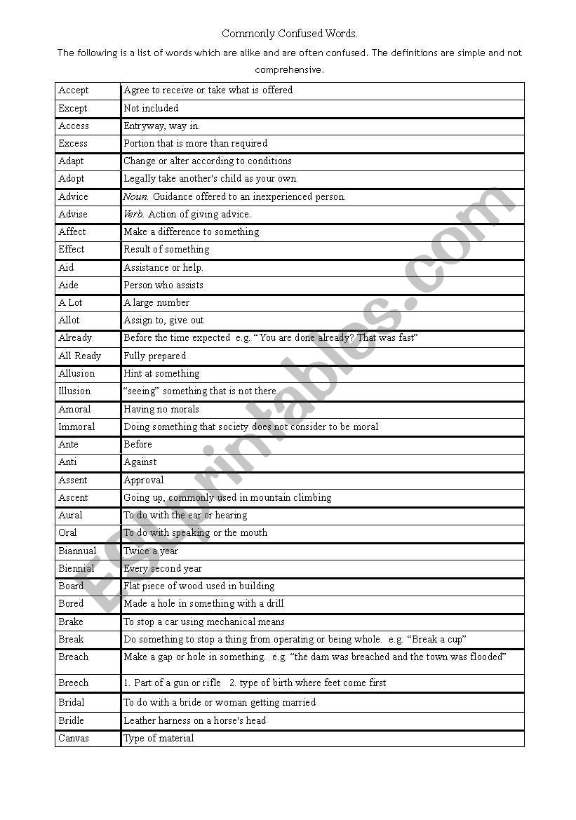 confused words worksheet