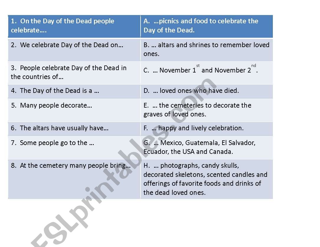 Quiz Day of the Dead worksheet