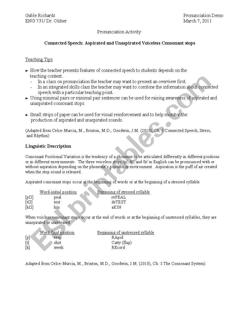 Pronunciation Demonstration worksheet