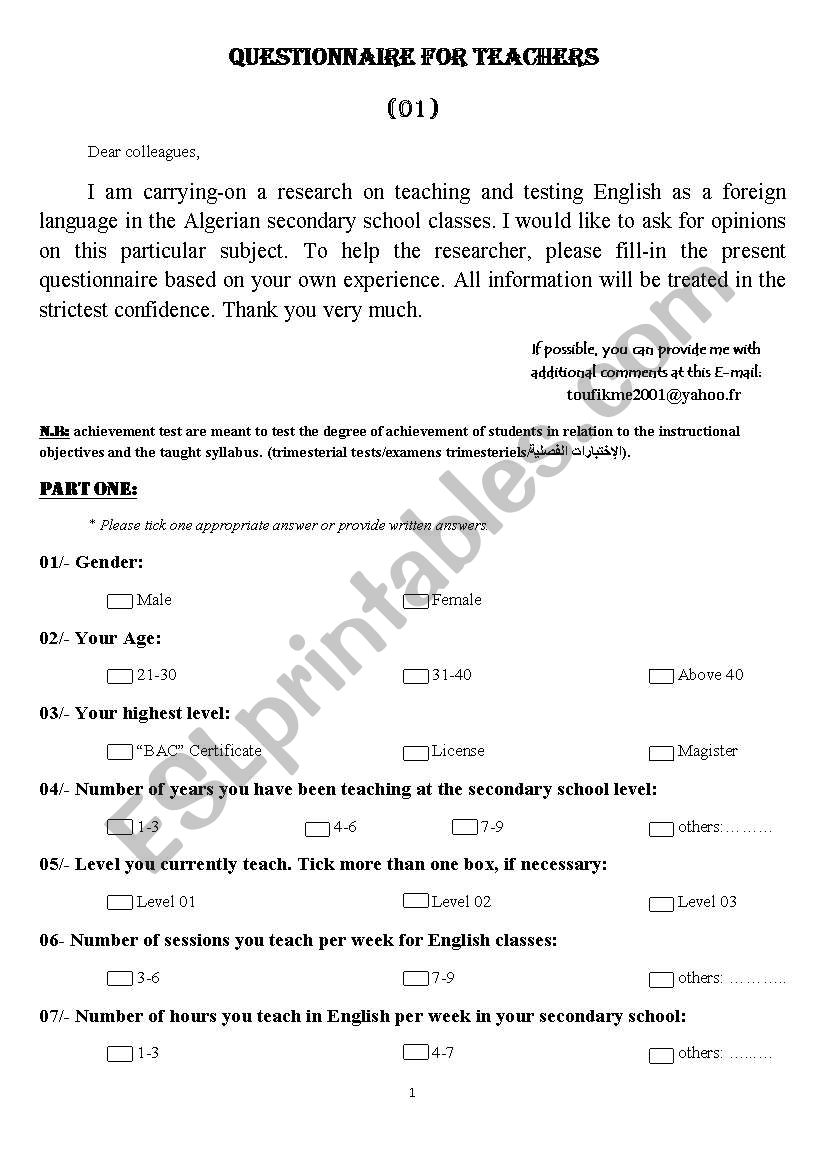 Questionnaire worksheet