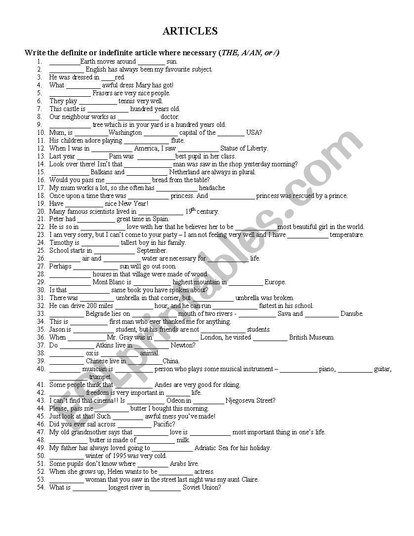 Articles worksheet