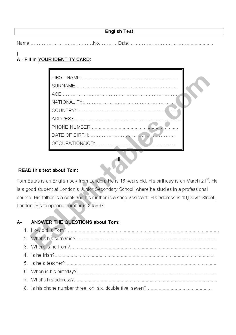 Personal Identification worksheet