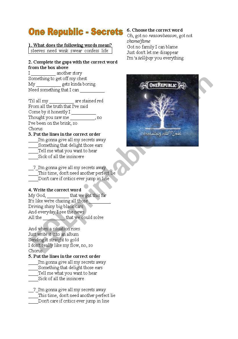 One Republic Secrets Lyrics worksheet