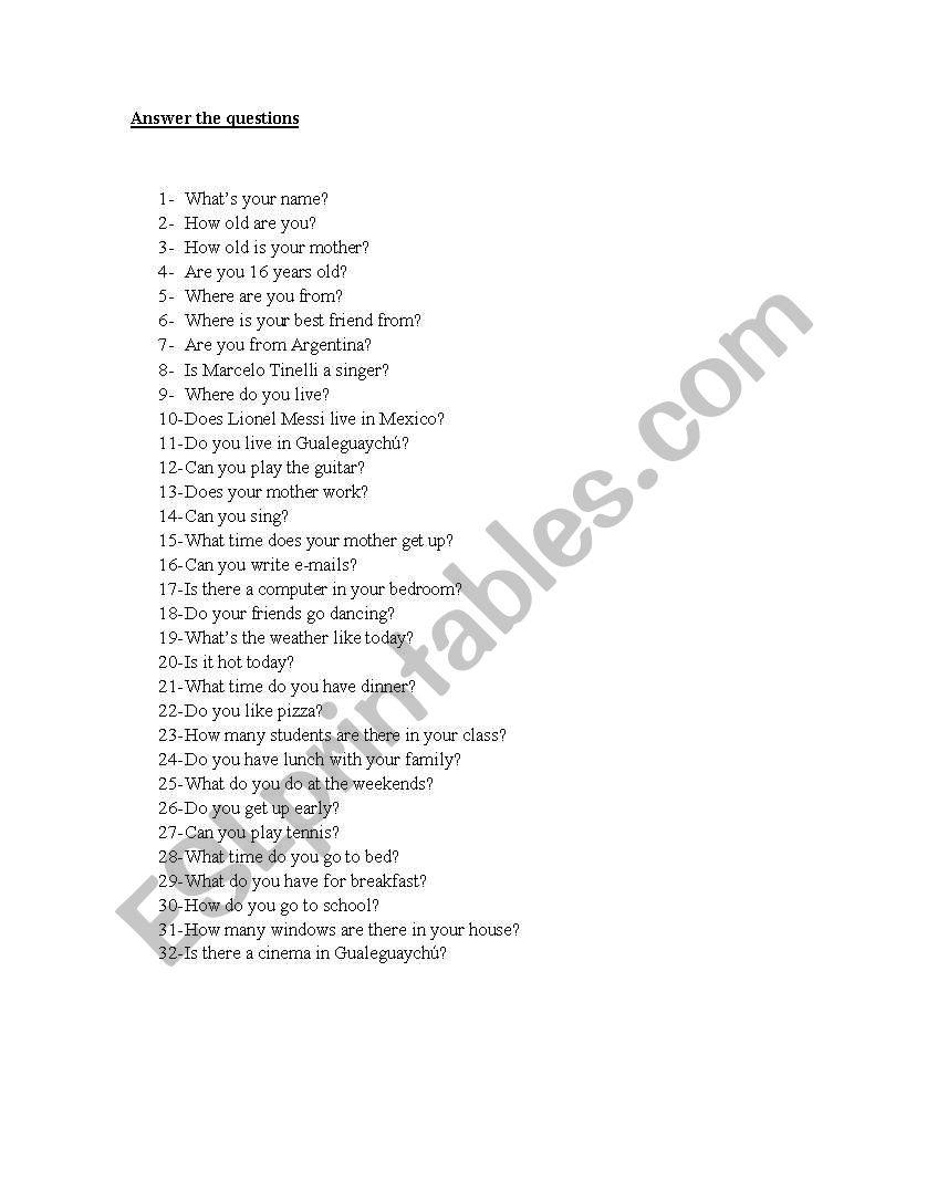 Questions worksheet