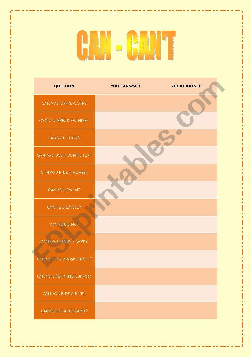 Can and Cant - Questions worksheet