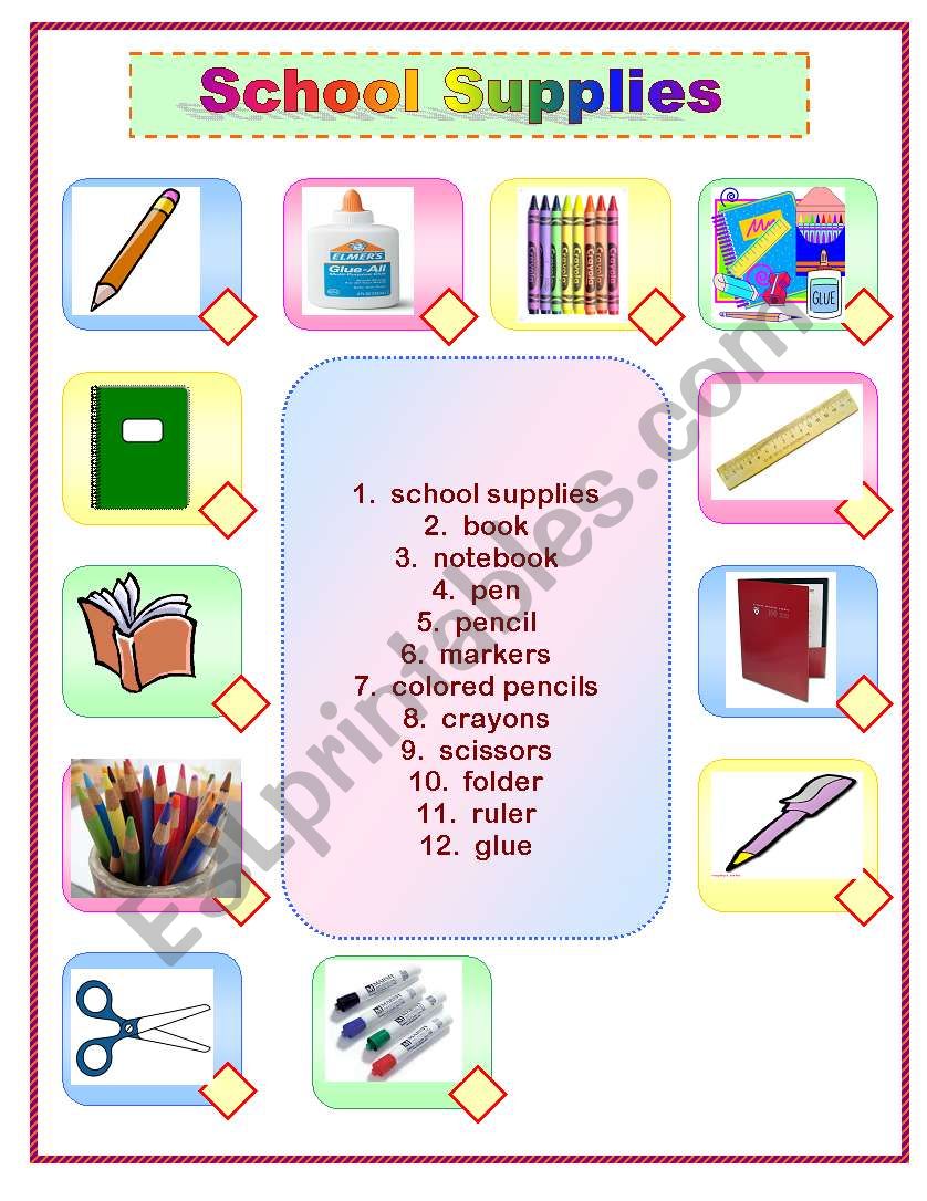 School Supplies Matching worksheet