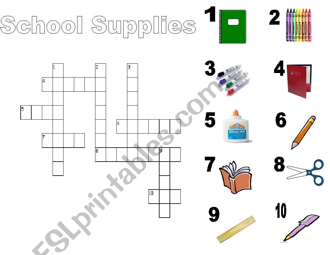 School Supplies Crossword worksheet