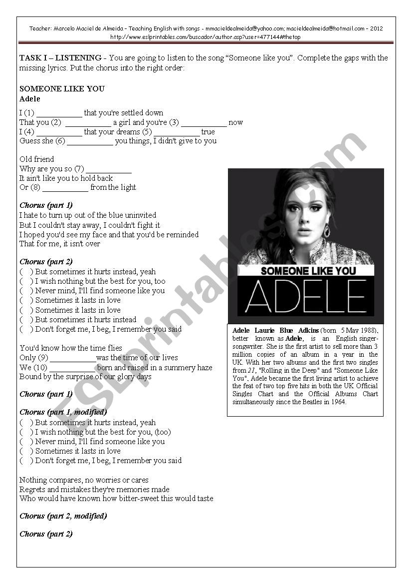 Someone like you (Adele) worksheet