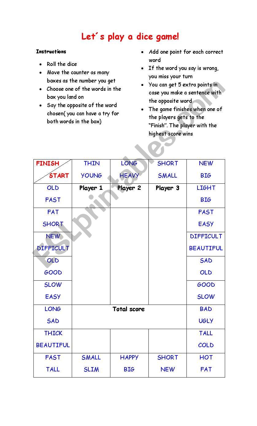 Lets play a dice game worksheet